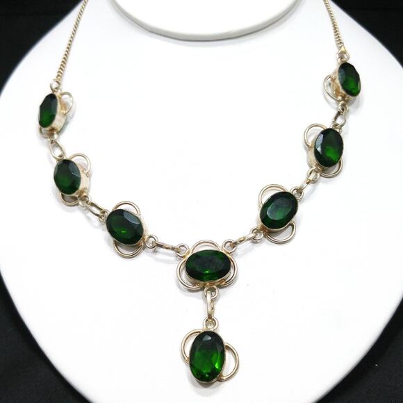 Vintage Green Glass Silver Tone Pendant Necklace, S Hook Clasp, 1970s - Picture 1 of 10